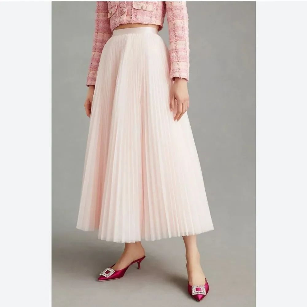 Hutch Pleated Tulle Midi Skirt by Anthropologie in Pink